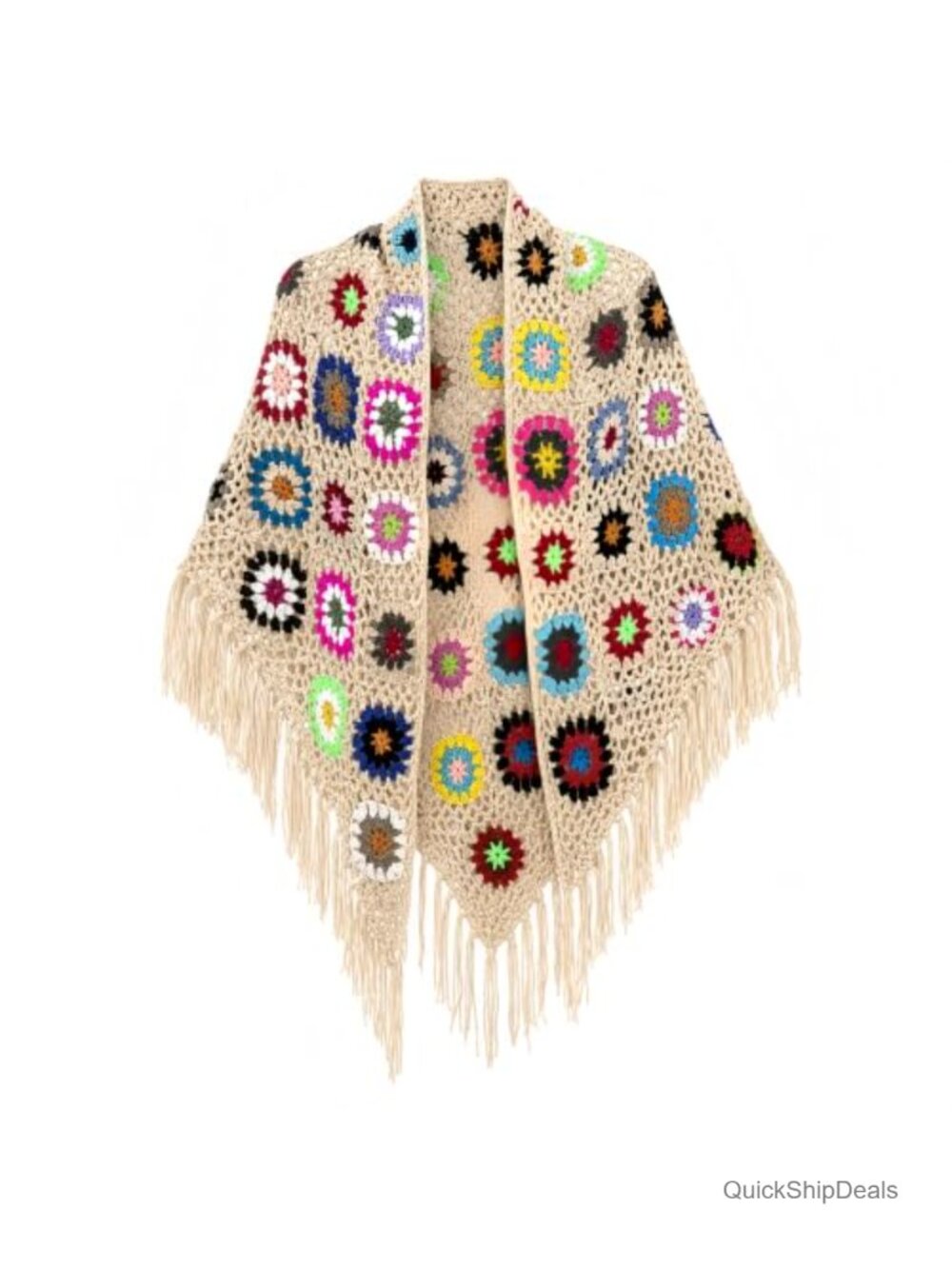 Hand Crochet Floral Poncho Fringe Boho Shawl Wrap